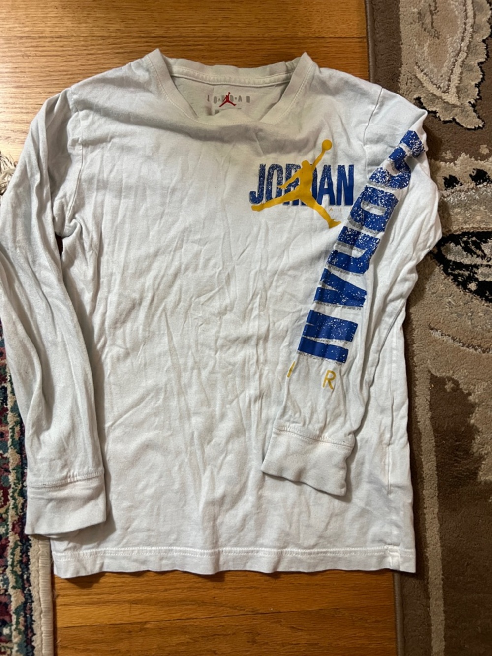 Jordan White Long Sleeve Tee with Blue Script & Yellow Jumpman
